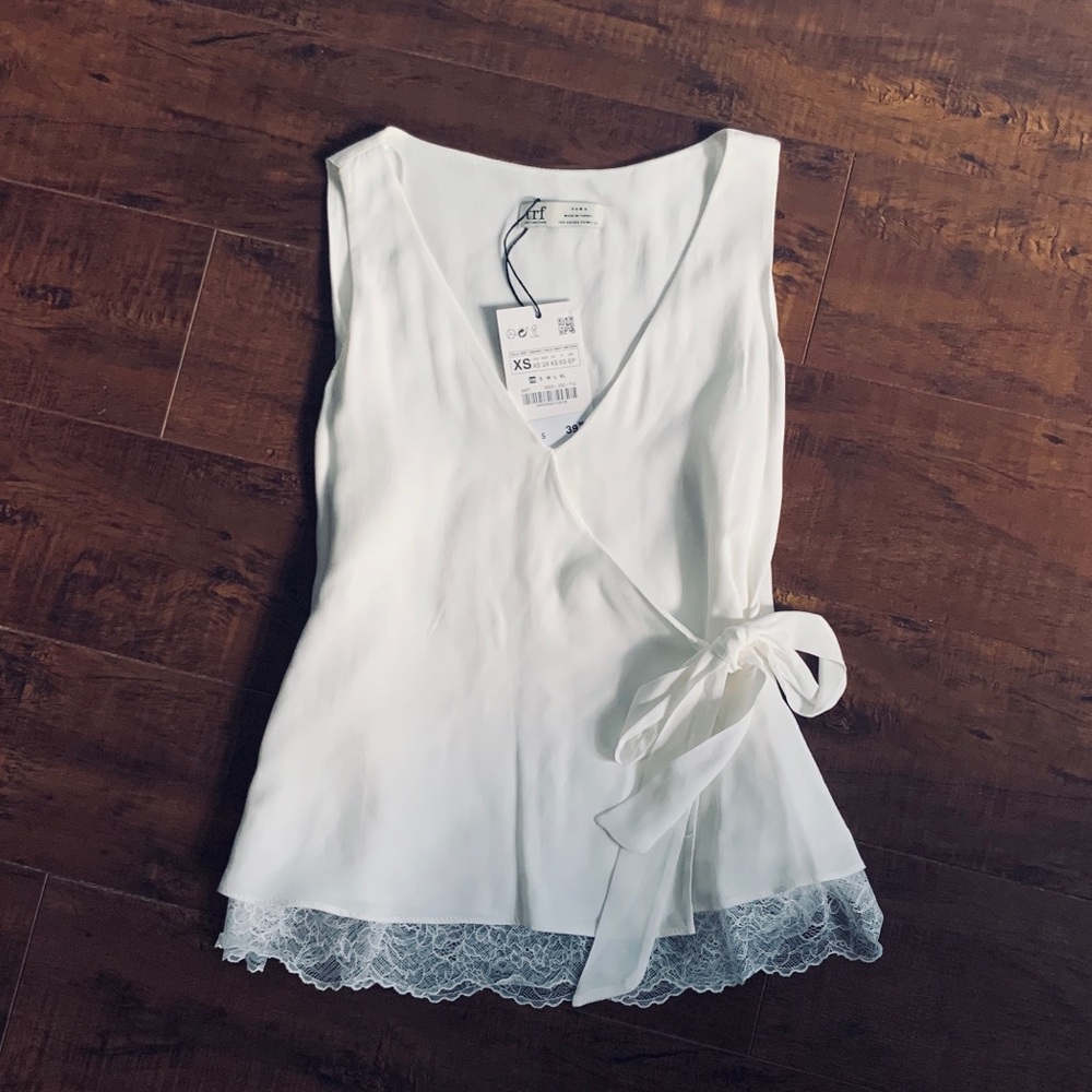 NWT Zara White Lace Tie Blouse